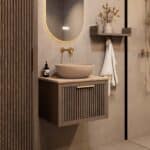 Wandhängendes Badezimmermöbel 60 cm aus dunkler Eiche mit eine Schublade und beige Kalksteinwaschtisch