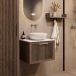 Wandhängendes Badezimmermöbel 60 cm aus dunkler Eiche mit eine Schublade und weißes Solid-Surface-Aufsatzbecken