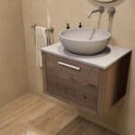 Wandhängendes Badezimmermöbel 60 cm aus dunkler Eiche mit eine Schublade und graue Kalksteinplatte (Top-Qualität)