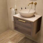 Wandhängendes Badezimmermöbel 60 cm aus dunkler Eiche mit eine Schublade und beige Kalksteinwaschtisch (stilvoll)