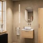 Wandhängendes Badezimmermöbel 60 cm aus Natureiche mit eine Schublade und weißes Solid-Surface-Aufsatzbecken (elegant)