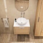 Wandhängendes Badezimmermöbel 60 cm aus Natureiche mit eine Schublade und weißes Solid-Surface-Aufsatzbecken (elegant)