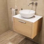 Wandhängendes Badezimmermöbel 60 cm aus Natureiche mit eine Schublade und weißes Solid-Surface-Aufsatzbecken (elegant)