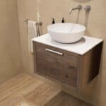 Wandhängendes Badezimmermöbel 60 cm aus dunkler Eiche mit eine Schublade und weißes Solid-Surface-Aufsatzbecken (wandhängend)