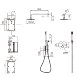 Modernes thermostatisches Unterputz-Duschsystem in gebürstetem Nickel, Kopfbrause Ø25 cm und separatem Handbrausenset. Wandanschluss. Erhältlich in 6 Farben und mit 5 Jahren Garantie.