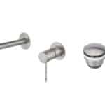 Moderne Waschtischarmatur Wandmontage in Gebürstetes Nickel, für die Montage über Waschtisch oder Aufsatzwaschbecken, als Komplettset inklusive passendem Click-Clack-Verschluss Der Click-Clack-Verschluss lässt sich durch Drücken einfach öffnen und schließ