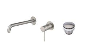 Moderne Waschtischarmatur Wandmontage in Gebürstetes Nickel, für die Montage über Waschtisch oder Aufsatzwaschbecken, als Komplettset inklusive passendem Click-Clack-Verschluss Der Click-Clack-Verschluss lässt sich durch Drücken einfach öffnen und schließ
