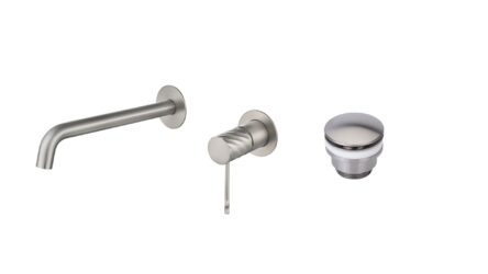 Moderne Waschtischarmatur Wandmontage in Gebürstetes Nickel, für die Montage über Waschtisch oder Aufsatzwaschbecken, als Komplettset inklusive passendem Click-Clack-Verschluss Der Click-Clack-Verschluss lässt sich durch Drücken einfach öffnen und schließ