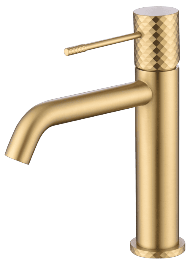 Moderne niedrige Waschtischarmatur in Gebürstetes Gold, passend für Badmöbel mit Waschtisch. Mit langlebiger PVD-Beschichtung. Mit 5 Jahren Garantie und in 5 Farben erhältlich.