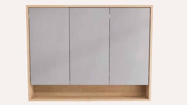 Spiegelschrank mit Regal, ausgestattet mit 2 Glasböden aus massiver Natureiche 120 cm.