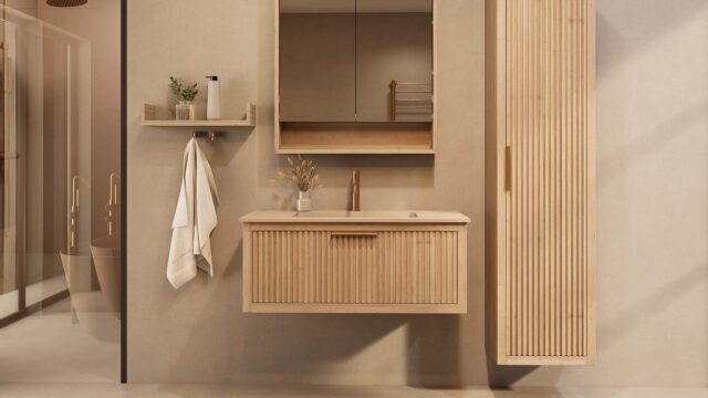 Riva Badmöbel aus massivem Eichenholz 100 – Eiche natur mit matt beigem Mineralwerkstoff-Waschbecken