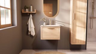 Wandhängendes Badezimmermöbel 60 cm aus Natureiche mit eine Schublade und matt-weißer Mineralguss-Waschtisch
