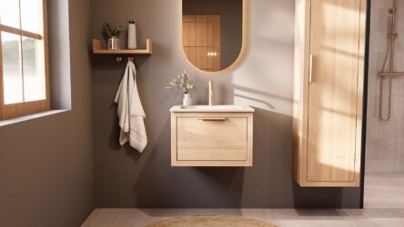 Wandhängendes Badezimmermöbel 60 cm aus Natureiche mit eine Schublade und matt-weißer Mineralguss-Waschtisch