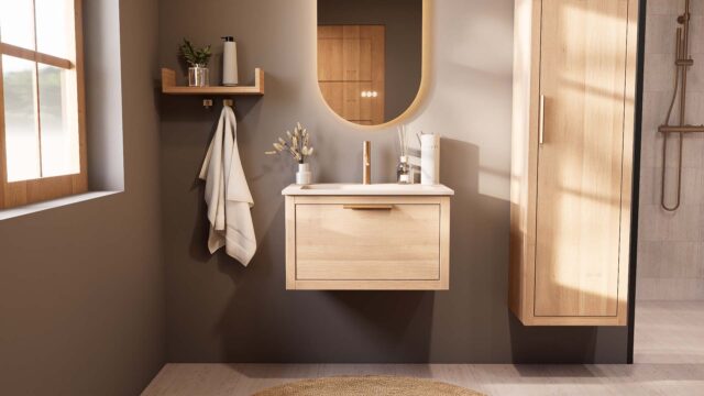 Wandhängendes Badezimmermöbel 70 cm aus Natureiche mit eine Schublade und matt-weißer Mineralguss-Waschtisch