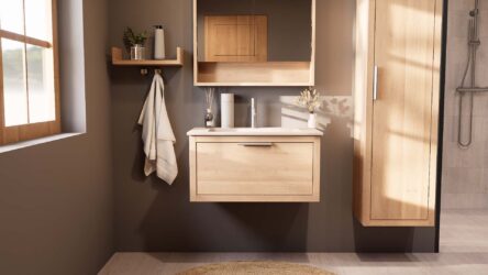 Wandhängendes Badezimmermöbel 80 cm aus Natureiche mit eine Schublade und matt-weißer Mineralguss-Waschtisch