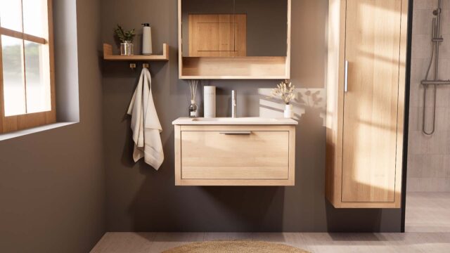 Wandhängendes Badezimmermöbel 80 cm aus Natureiche mit eine Schublade und matt-weißer Mineralguss-Waschtisch