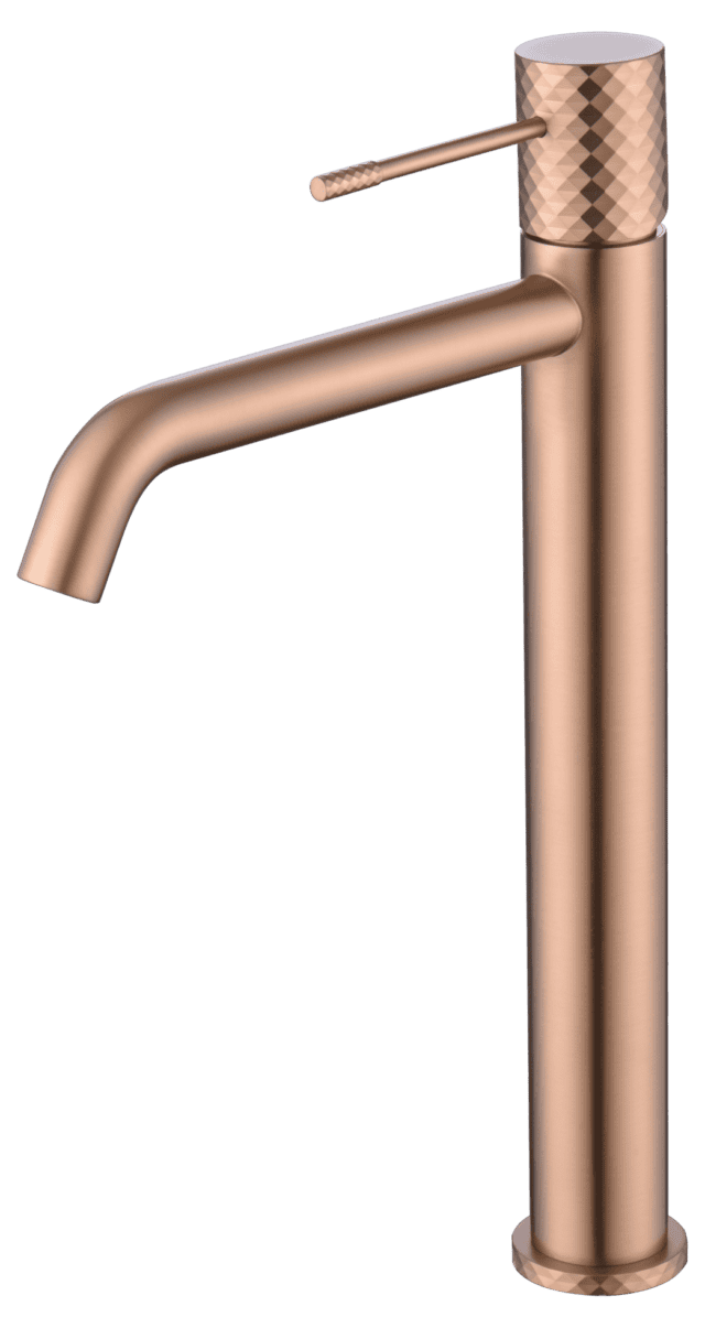 Moderne erhöhte Waschtischarmatur in Gebürstetes Kupfer, ideal für Badmöbel mit Aufsatzwaschbecken. Mit langlebiger PVD-Beschichtung. Mit 5 Jahren Garantie und in 5 Farben erhältlich.