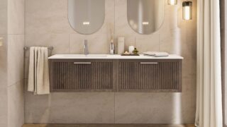 Das Rosenfeld Badmöbel 160 in Eiche dunkel strahlt Luxus und Ruhe aus. Gefertigt aus massivem Eichenholz mit Rillenfront, vier hochwertigen Softclose-Schubladen und einem matten weißen Mineralwerkstoff- mit Überlauf. Das Waschbecken ist wahlweise mit oder