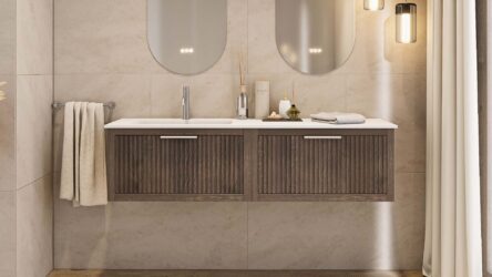 Das Rosenfeld Badmöbel 160 in Eiche dunkel strahlt Luxus und Ruhe aus. Gefertigt aus massivem Eichenholz mit Rillenfront, vier hochwertigen Softclose-Schubladen und einem matten weißen Mineralwerkstoff- mit Überlauf. Das Waschbecken ist wahlweise mit oder