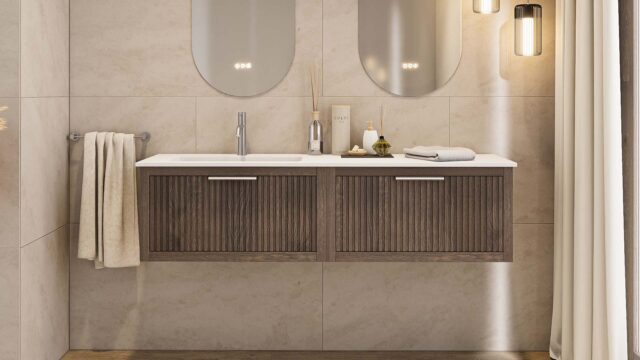Das Rosenfeld Badmöbel 160 in Eiche dunkel strahlt Luxus und Ruhe aus. Gefertigt aus massivem Eichenholz mit Rillenfront, vier hochwertigen Softclose-Schubladen und einem matten weißen Mineralwerkstoff- mit Überlauf. Das Waschbecken ist wahlweise mit oder