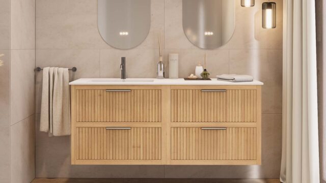 Das Rosenfeld Badmöbel 160 in Eiche natur vereint handwerkliche Präzision mit modernem Luxus. Gefertigt aus massivem Eichenholz mit Rillenfront, vier Softclose-Schubladen und einem matten weißen Mineralwerkstoff-. Das Waschbecken ist wahlweise mit oder oh