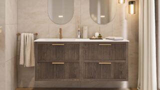 Das Rosenfeld Badmöbel 160 in Eiche dunkel strahlt Luxus und Ruhe aus. Gefertigt aus massivem Eichenholz mit Rillenfront, vier hochwertigen Softclose-Schubladen und einem matten weißen Mineralwerkstoff- mit Überlauf. Das Waschbecken ist wahlweise mit oder