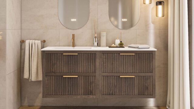 Das Rosenfeld Badmöbel 160 in Eiche dunkel strahlt Luxus und Ruhe aus. Gefertigt aus massivem Eichenholz mit Rillenfront, vier hochwertigen Softclose-Schubladen und einem matten weißen Mineralwerkstoff- mit Überlauf. Das Waschbecken ist wahlweise mit oder