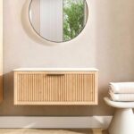 Wandhängendes Badezimmermöbel 100 cm aus Natureiche mit eine Schublade und weißes Solid-Surface-Aufsatzbecken (trendy)