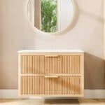 Wandhängendes Badezimmermöbel 100 cm aus Natureiche mit zwei Schubladen und weiße Marmorplatte (design)