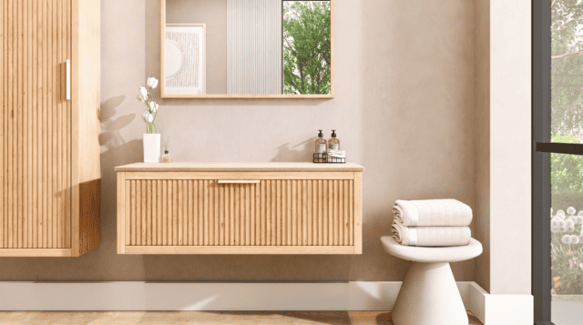 Wandhängendes Eichen-Badezimmermöbel 120 cm mit Riffelfront und Aufsatzwaschbecken