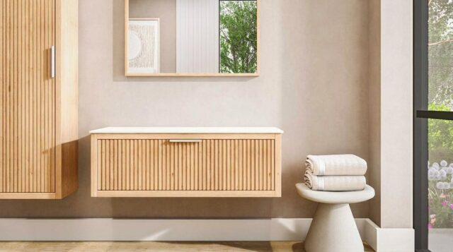 Wandhängendes Badezimmermöbel 120 cm aus Natureiche mit eine Schublade und weißes Solid-Surface-Aufsatzbecken (klassisch)