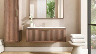 Wandhängendes Badezimmermöbel 120 cm aus dunkler Eiche mit eine Schublade und weißes Solid-Surface-Aufsatzbecken
