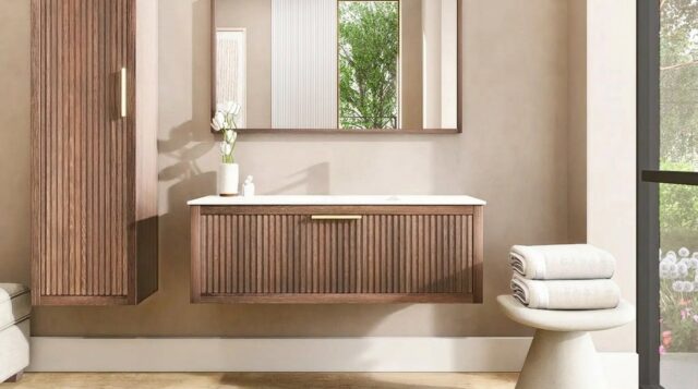 Wandhängendes Badezimmermöbel 120 cm aus dunkler Eiche mit eine Schublade und weißes Solid-Surface-Aufsatzbecken