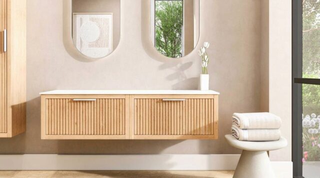 Wandhängendes Badezimmermöbel 160 cm aus Natureiche mit eine Schublade und weißes Solid-Surface-Aufsatzbecken (design)