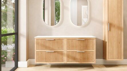 Wandhängendes Badezimmermöbel 160 cm aus Natureiche mit zwei Schubladen und weißes Solid-Surface-Aufsatzbecken (Naturholz)