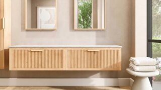 Wandhängendes Badezimmermöbel 200 cm aus Natureiche mit eine Schublade und weiße Marmorplatte (trendy)
