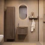 Wandhängendes Badezimmermöbel 60 cm aus dunkler Eiche mit eine Schublade und beige Kalksteinwaschtisch