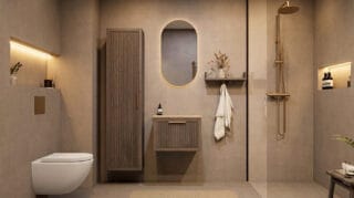Wandhängendes Badezimmermöbel 60 cm aus dunkler Eiche mit eine Schublade und beige Kalksteinwaschtisch