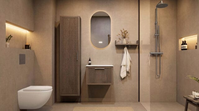 Wandhängendes Badezimmermöbel 60 cm aus dunkler Eiche mit eine Schublade und weißes Solid-Surface-Aufsatzbecken