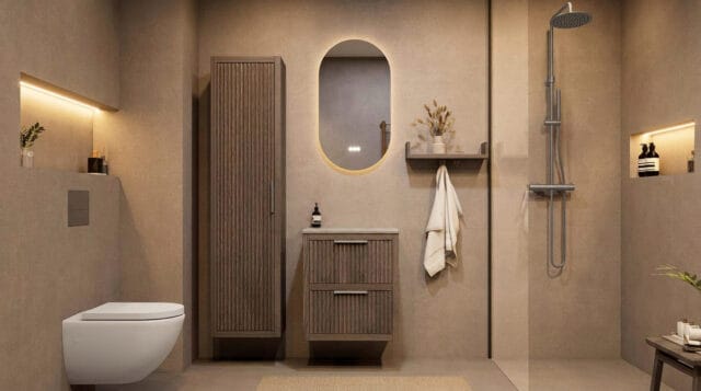 Wandhängendes Badezimmermöbel 60 cm aus dunkler Eiche mit zwei Schubladen und graue Kalksteinplatte