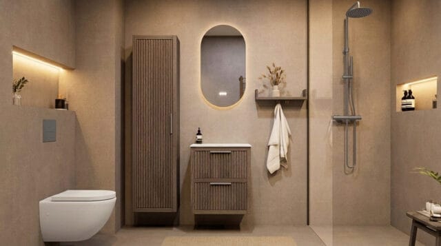 Wandhängendes Badezimmermöbel 60 cm aus dunkler Eiche mit zwei Schubladen und weißes Solid-Surface-Aufsatzbecken (Naturholz)