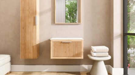 Wandhängendes Badezimmermöbel 70 cm aus Natureiche mit eine Schublade und weißes Solid-Surface-Aufsatzbecken