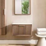 Wandhängendes Badezimmermöbel 70 cm aus dunkler Eiche mit eine Schublade und weißes Solid-Surface-Aufsatzbecken