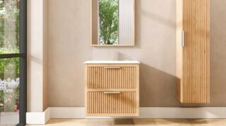 Wandhängendes Badezimmermöbel 70 cm aus Natureiche mit zwei Schubladen und weißes Solid-Surface-Aufsatzbecken (stilvoll)