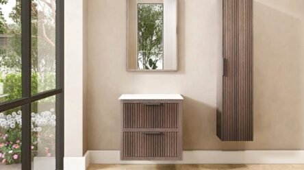 Wandhängendes Badezimmermöbel 70 cm aus dunkler Eiche mit zwei Schubladen und weißes Solid-Surface-Aufsatzbecken (Naturholz)