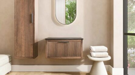 Wandhängendes Badezimmermöbel 80 cm aus dunkler Eiche mit eine Schublade und massive Eichenholzplatte (elegant)