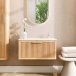 Wandhängendes Badezimmermöbel 80 cm aus Natureiche mit eine Schublade und weißes Solid-Surface-Aufsatzbecken (neuwertig)