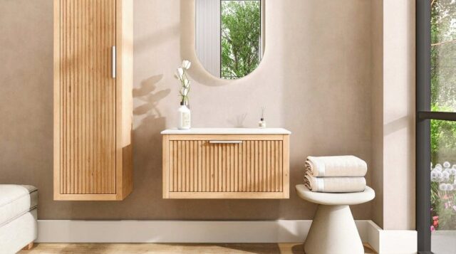 Wandhängendes Badezimmermöbel 80 cm aus Natureiche mit eine Schublade und weißes Solid-Surface-Aufsatzbecken (neuwertig)