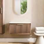 Wandhängendes Badezimmermöbel 80 cm aus dunkler Eiche mit eine Schublade und weißes Solid-Surface-Aufsatzbecken