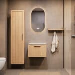 Wandhängendes Badezimmermöbel 60 cm aus Natureiche mit eine Schublade und weißes Solid-Surface-Aufsatzbecken
